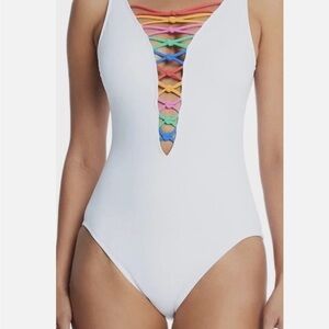 Bleu Rod Beattie White One-Piece Swimsuit with Rainbow Lattice
